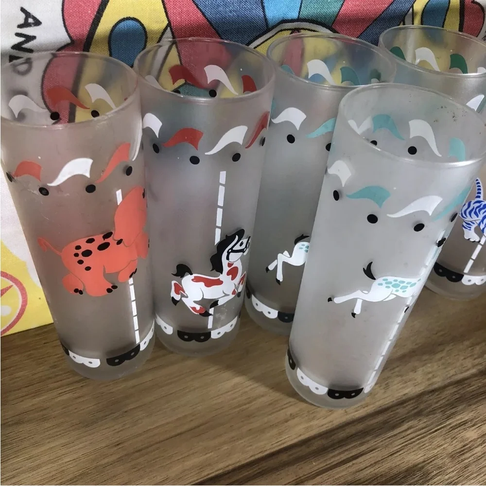 Libby Carousel Carnival 6 Glasses Horse Elephant Deer Zebra Tiger Vintage 60s